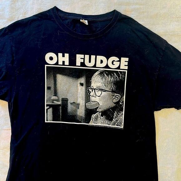 Fruit of the Loom Tops - COPY - Black T-Shirt with 'Oh Fudge' Graphic Christmas Story Size XL